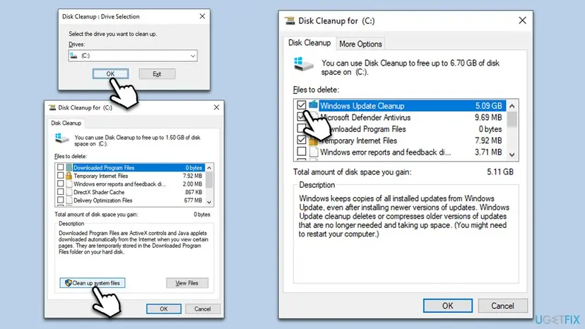Disk Cleanup for drive C: with Clean up system files selected and Windows Update Cleanup checked in the list of files to delete