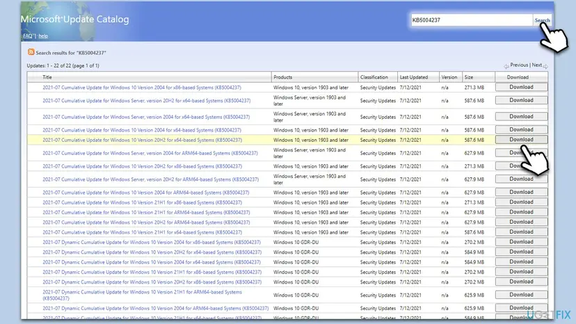 Microsoft Update Catalog search results for a KB number, with separate rows for x86, x64 and ARM64 systems and a Download button on each row
