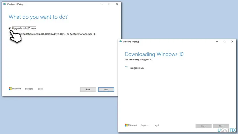Windows 10 Setup from the Media Creation Tool with Upgrade this PC now selected, and a second window Downloading Windows 10 at 5 percent progress