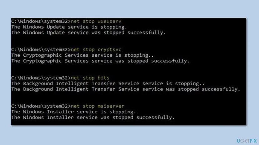 Administrator Command Prompt after net stop wuauserv, net stop cryptsvc, net stop bits and net stop msiserver, each service stopped successfully