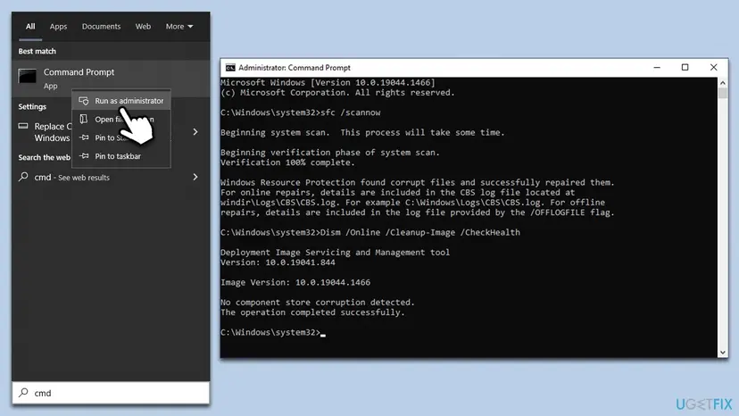 Command Prompt opened as administrator from Windows search, with sfc /scannow reporting repaired files and DISM CheckHealth reporting no component store corruption