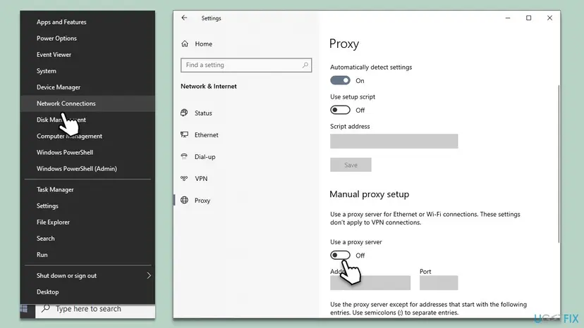 Windows 10 Settings on the Proxy page with the Use a proxy server switch under Manual proxy setup turned off