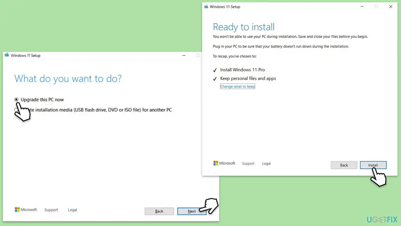 Windows 11 Setup window Ready to install with Install Windows 11 Pro and Keep personal files and apps checked, and the Install button
