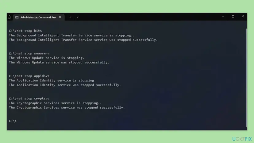 Administrator Command Prompt on Windows 11 after net stop bits, net stop wuauserv, net stop appidsvc and net stop cryptsvc, each service stopped successfully