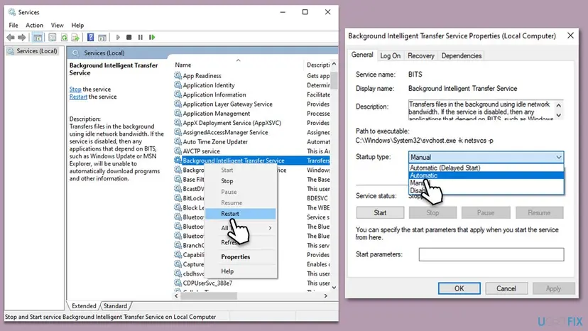 Services window with Restart selected for Background Intelligent Transfer Service and its Properties dialog where the Startup type list is set to Automatic