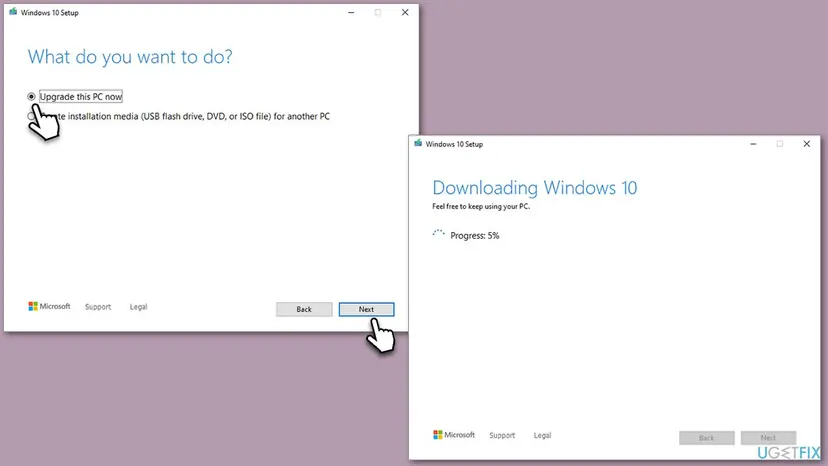 Windows 10 Setup window with Upgrade this PC now selected and the next screen downloading Windows 10 with its progress shown
