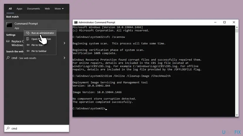 Administrator Command Prompt running sfc /scannow and the DISM commands that check and restore the health of the Windows component store