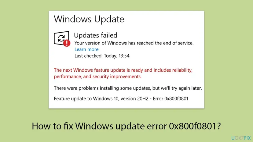 Windows 10 Windows Update page showing Updates failed and Feature update to Windows 10, version 20H2 - Error 0x800f0801