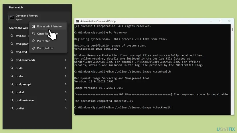 Windows 11 search with Run as administrator for Command Prompt and an Administrator Command Prompt running sfc /scannow and DISM ScanHealth