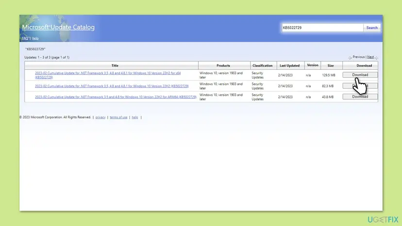 Microsoft Update Catalog search results for one KB number with three rows for x64, x86 and ARM64 and a Download button on each row