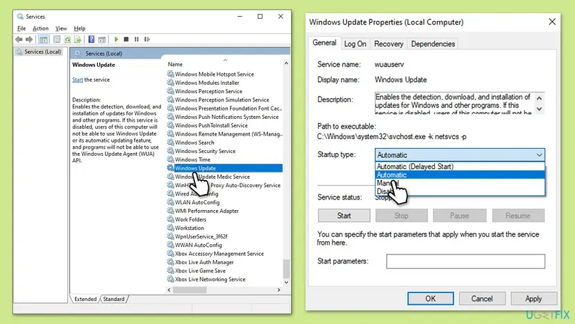 Services window with Windows Update selected and its Properties dialog open, showing the Startup type list with Automatic, Manual and Disabled