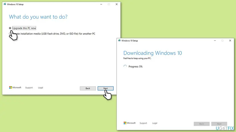 Windows 10 Setup windows with Upgrade this PC now selected and then Downloading Windows 10 with progress at 5 percent