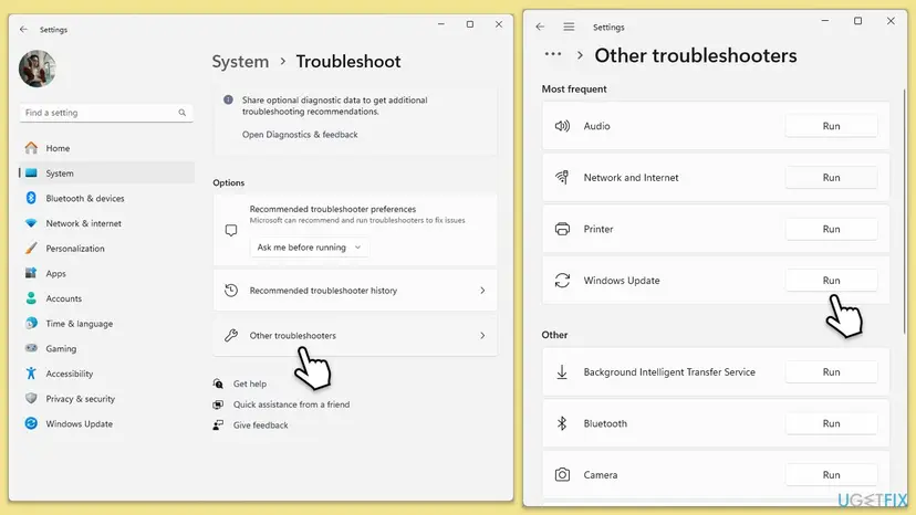 Windows 11 Settings at System > Troubleshoot > Other troubleshooters with the Run button next to Windows Update highlighted