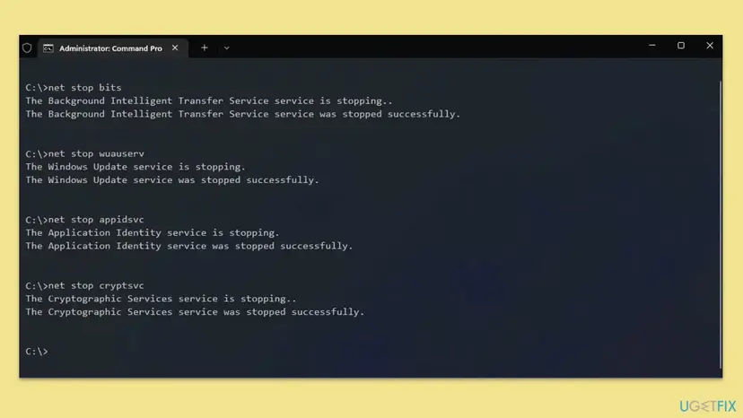 Administrator Command Prompt after net stop bits, net stop wuauserv, net stop appidsvc and net stop cryptsvc, each service reported as stopped successfully