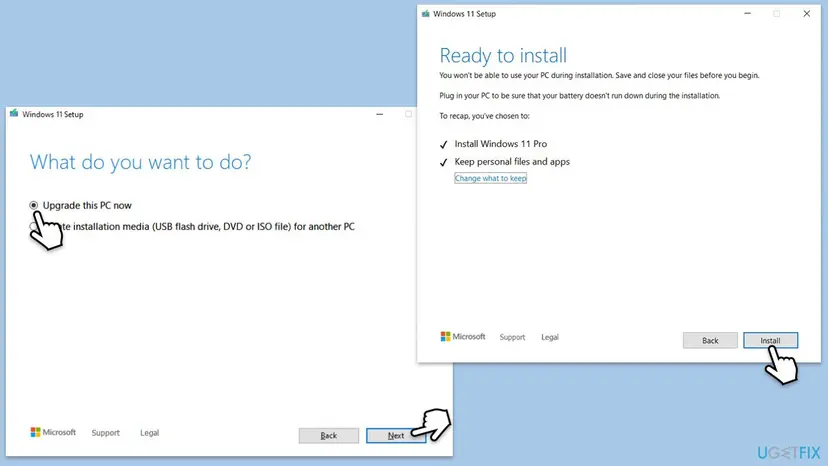 Windows 11 Setup windows showing Upgrade this PC now and the Ready to install page with Install Windows 11 Pro and Keep personal files and apps selected
