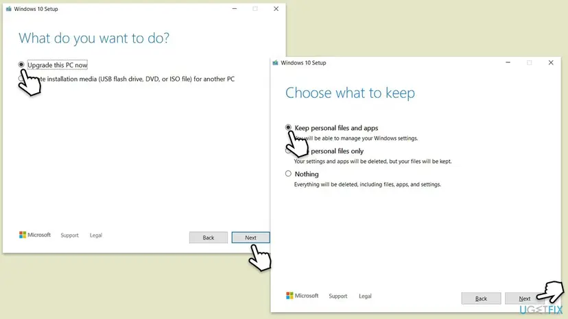Windows 10 Setup windows with Upgrade this PC now selected and the Choose what to keep page with Keep personal files and apps selected