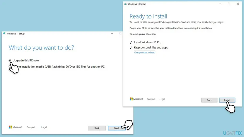 Windows 11 Setup windows with Upgrade this PC now selected and the Ready to install screen showing Keep personal files and apps
