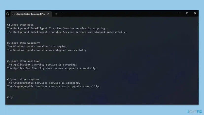 Elevated Command Prompt with the net stop commands for wuauserv, cryptSvc, bits and msiserver typed one after another