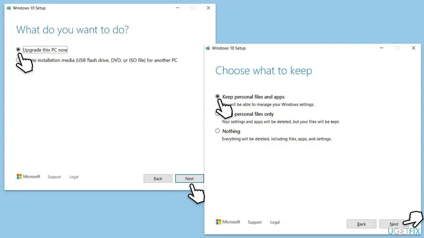 Windows 10 Setup from the Media Creation Tool with Upgrade this PC now selected and Keep personal files and apps shown before Install