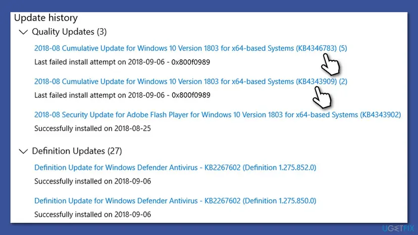 Windows 10 Update history with two cumulative updates showing Last failed install attempt and code 0x800f0989 below each KB number