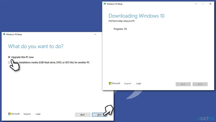 Windows 10 Setup from the Media Creation Tool with Upgrade this PC now selected and the next window downloading Windows 10