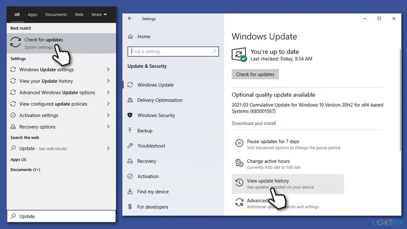 Windows 10 search for Update with Check for updates selected, and the Windows Update settings page with View update history highlighted