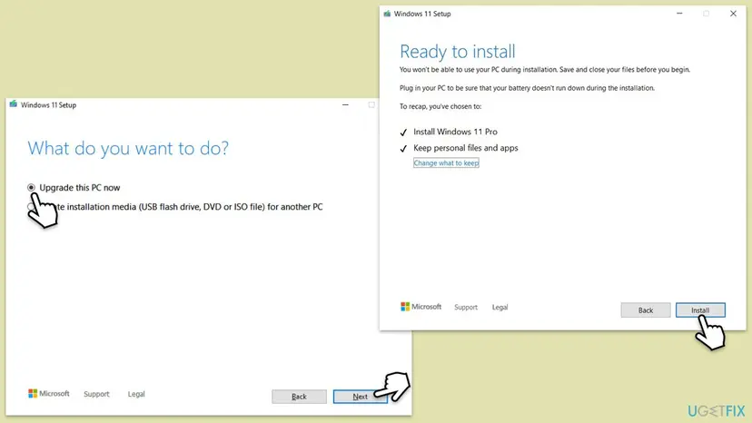 Windows 11 Setup with Upgrade this PC now selected, next to the Ready to install screen that lists Keep personal files and apps and the Install button