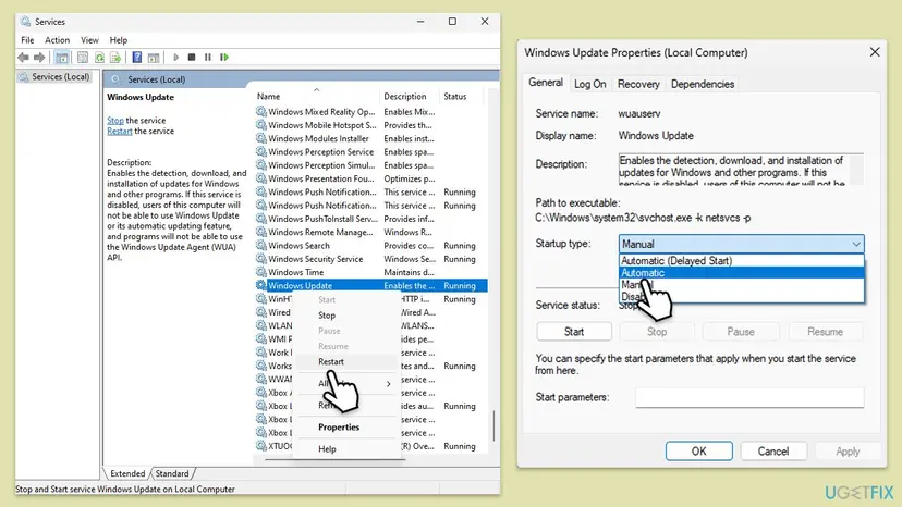 Services window with Windows Update selected and its right-click menu open at Restart, next to Windows Update Properties with the Startup type list