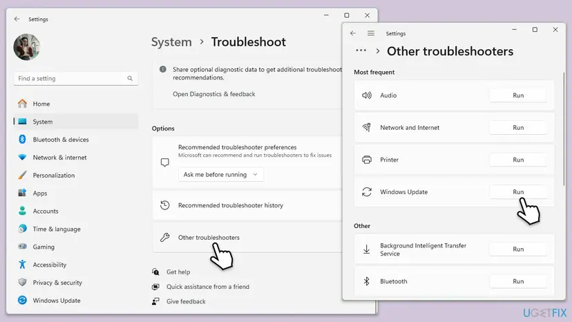 Windows 11 Settings, System, Troubleshoot page with Other troubleshooters selected, and the list of troubleshooters with the Run button next to Windows Update