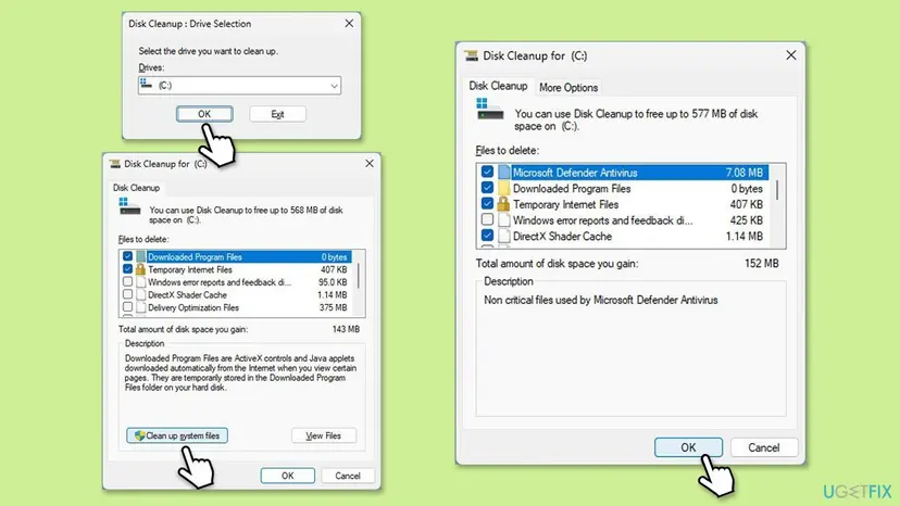 Disk Cleanup for drive C with the drive selection window, the Clean up system files button and the list of files to delete with checkboxes