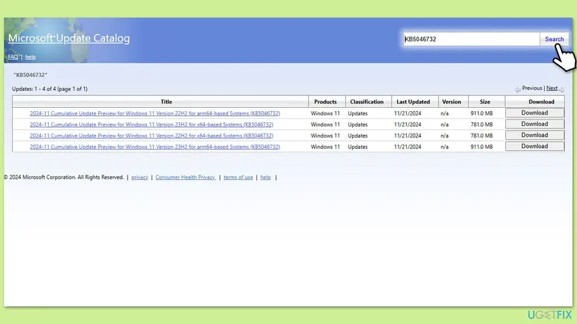 Microsoft Update Catalog search results for a cumulative update with rows for x64 and arm64 versions of Windows 11 and a Download button on each row