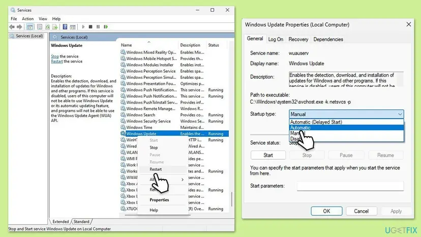 Services window with Windows Update selected and its right-click menu open at Restart, next to Windows Update Properties with the Startup type list