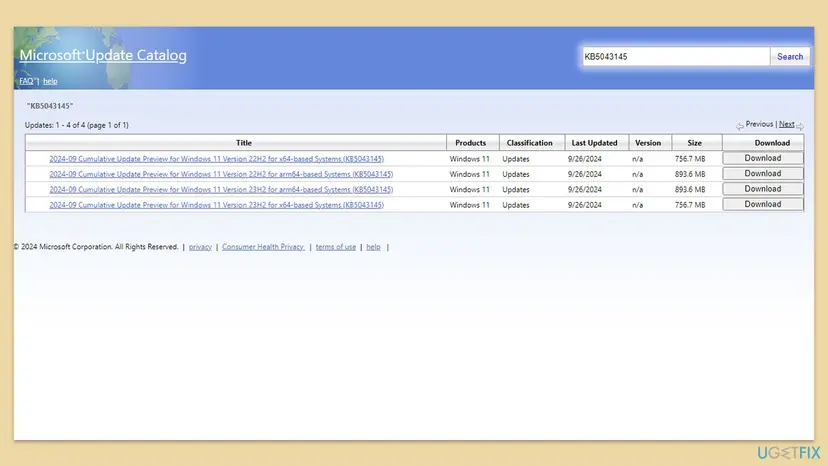 Microsoft Update Catalog search results for a cumulative update with rows for x64 and arm64 versions of Windows 11 and a Download button on each row