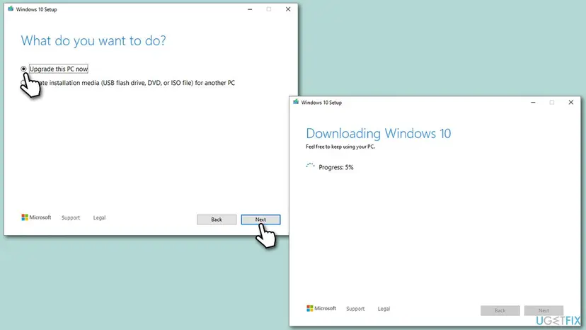 Windows 10 Setup window with Upgrade this PC now selected and Next, beside the Downloading Windows 10 progress screen