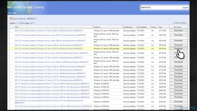 Microsoft Update Catalog search results for a KB number, listing cumulative update rows for several Windows versions and processor types with sizes and Download buttons