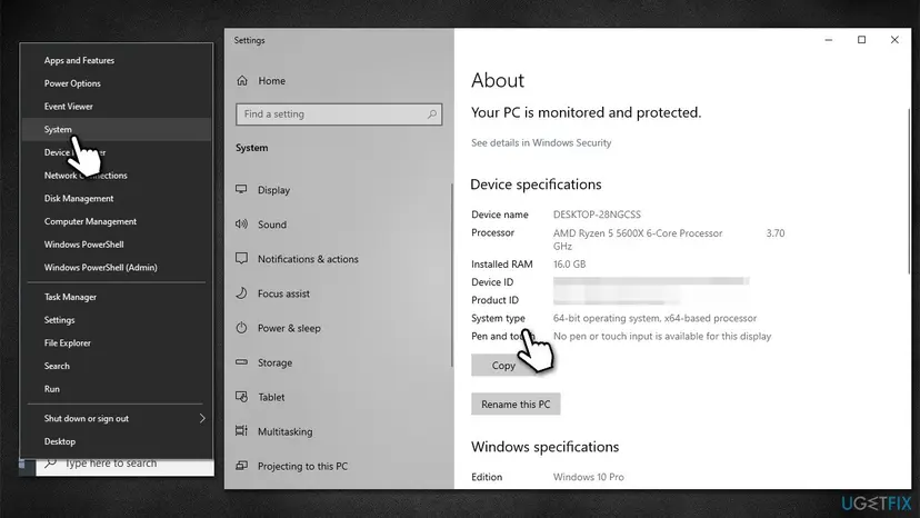 Windows 10 Settings, System, About page showing Device specifications with the System type line 64-bit operating system, x64-based processor