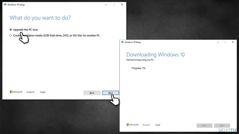 Windows 10 Setup from the Media Creation Tool with Upgrade this PC now selected, and a second window showing Downloading Windows 10 with progress at 1 percent
