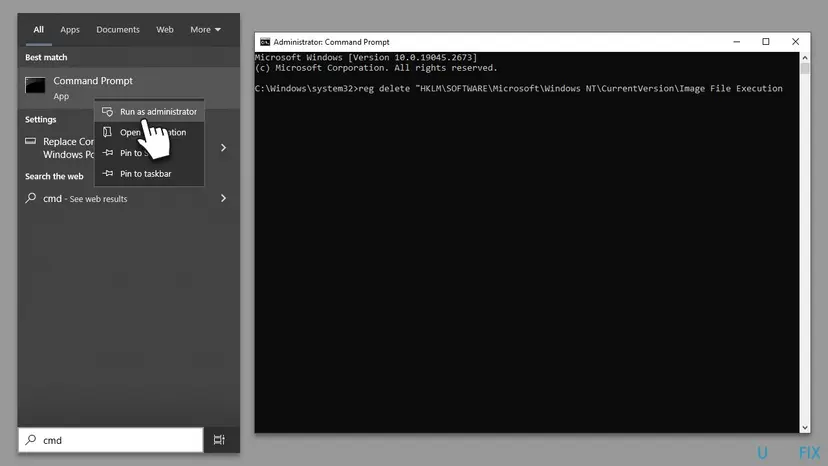 Windows search with Command Prompt and its Run as administrator option, next to an Administrator Command Prompt window with the reg delete command for the vdsldr.exe key typed in
