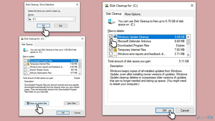 Disk Cleanup for drive C with Delivery Optimization Files in the list and Clean up system files button, then Windows Update Cleanup ticked