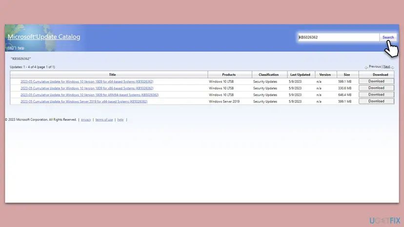 Microsoft Update Catalog search results for a KB number with the update versions listed and a Download button for each