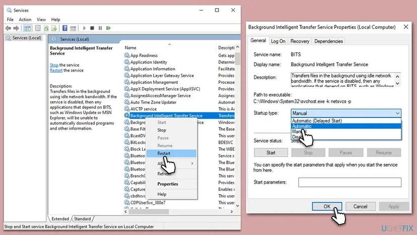 Services window with Background Intelligent Transfer Service selected and Restart in its right-click menu, next to its Properties with the startup type list open