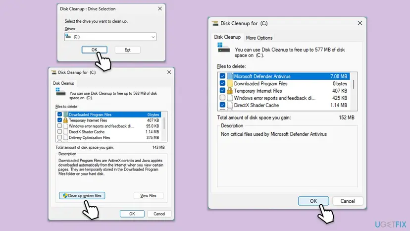 Disk Cleanup drive selection with drive C, the Disk Cleanup for C window with the Clean up system files button, and the list of files to delete