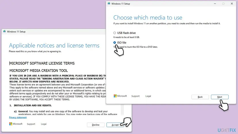 Windows 11 Setup from the Media Creation Tool with the licence terms and the Choose which media to use page where ISO file is selected