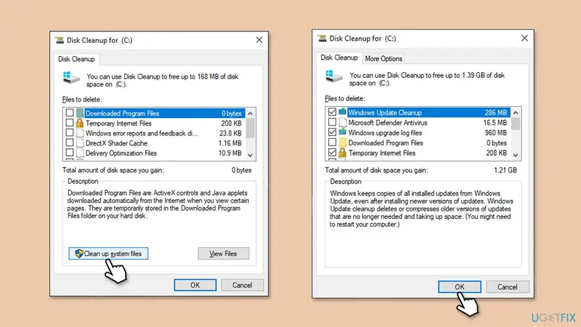 Disk Cleanup for drive C with the Clean up system files button on the left and the system file list with Windows Update Cleanup and Windows upgrade log files ticked on the right