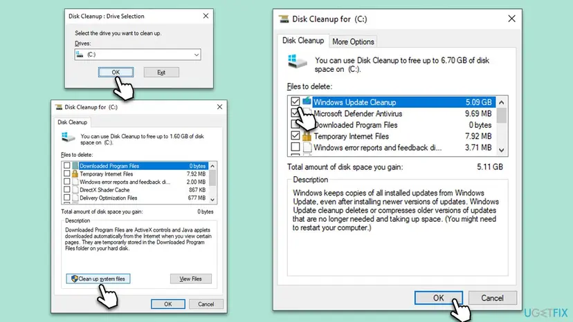Disk Cleanup for drive C with Clean up system files selected and Windows Update Cleanup ticked, ready to free several gigabytes before the upgrade