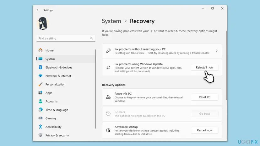Windows 11 Settings on System > Recovery with the Fix problems using Windows Update option and its Reinstall now button