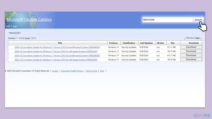 Microsoft Update Catalog search results for a KB number with rows for Windows 11 versions on x64 and arm64 and a Download button on each row