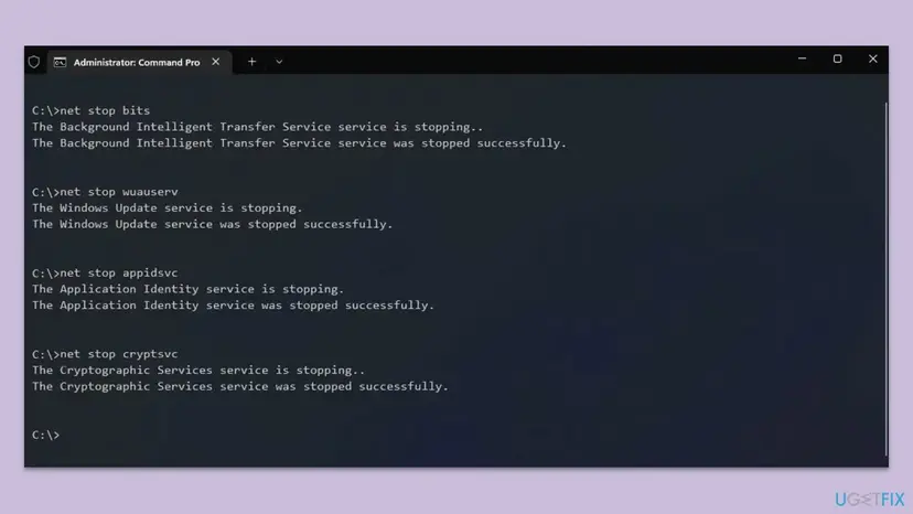 Administrator Command Prompt on Windows 11 after net stop bits, wuauserv, appidsvc and cryptsvc, each service reported as stopped successfully