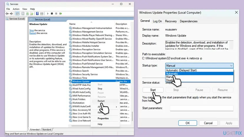 Services window with Windows Update selected and its Properties dialog, showing the Startup type list and the Start button on Windows 11
