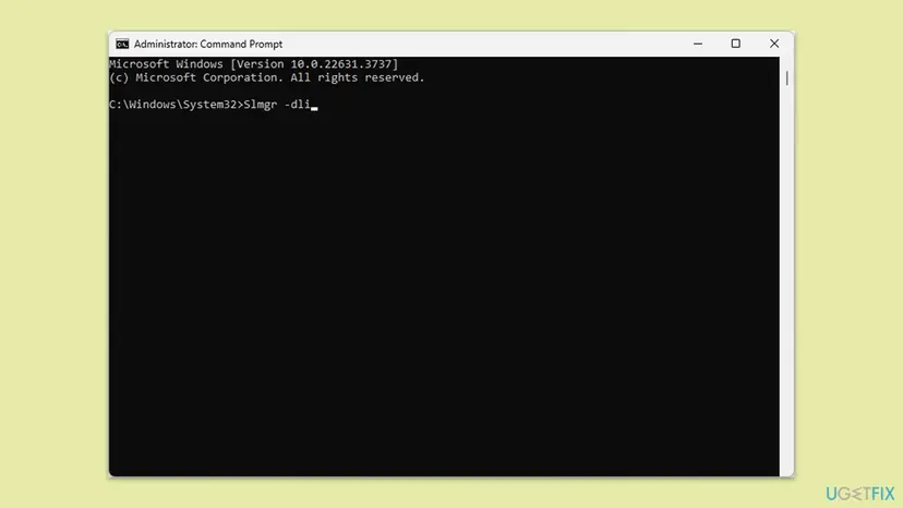 Administrator Command Prompt on Windows 11 with the slmgr -dli command typed, which opens a box with the licence description and status